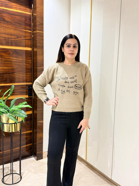 Olive Slogan Knit Casual Pullover