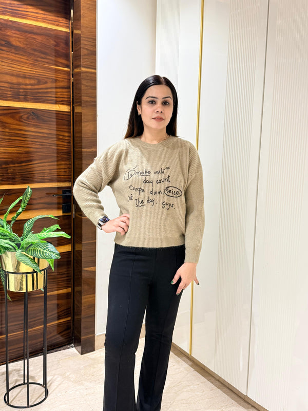 Olive Slogan Knit Casual Pullover