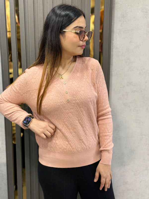Peach Textured Button Detail Winter Top