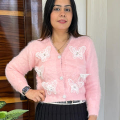 Pink Butterfly Patches Embroidered Fuzzy Knit Top