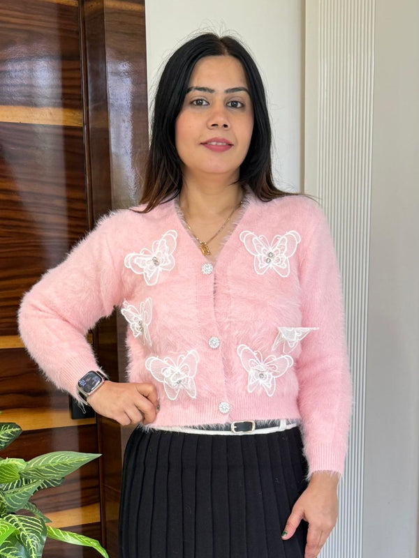 Pink Butterfly Patches Embroidered Fuzzy Knit Top