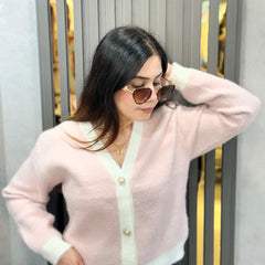 Pink Fuzzy Contrast Trim V Neck Cardigan