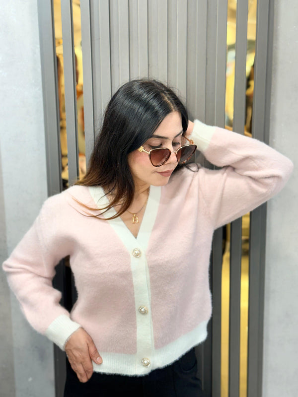 Pink Fuzzy Contrast Trim V Neck Cardigan