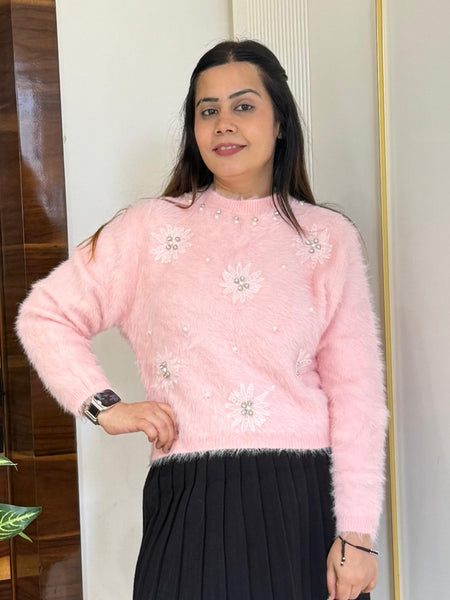 Pink Pearl & Sequin Embellished Fuzzy Knit Sweater