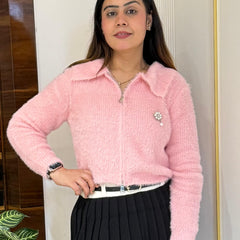 Pink Plush Fuzzy Knit Top with Zip Detail