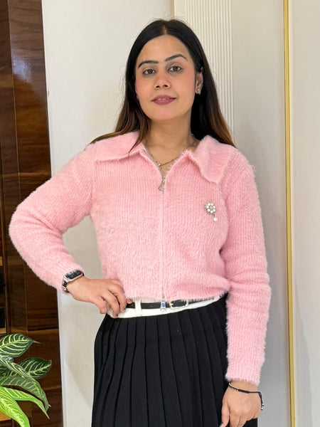 Pink Plush Fuzzy Knit Top with Zip Detail