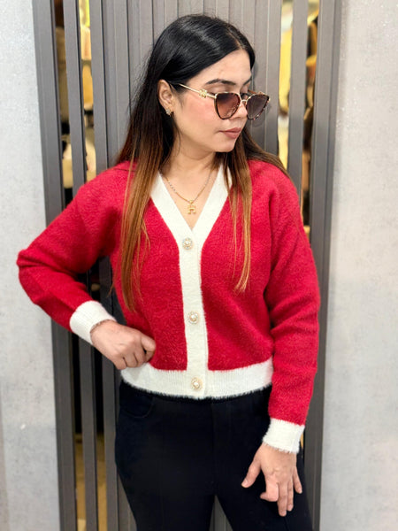 Pink Pearl Embellished Furry Button Cardigan