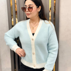 Pink Pearl Embellished Furry Button Cardigan