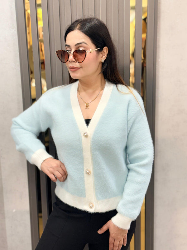 Pink Pearl Embellished Furry Button Cardigan