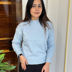 Sky Blue Pearl Embellished Knit Top