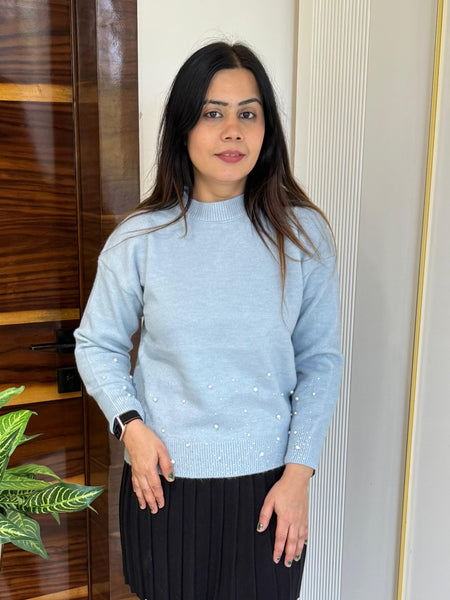 Sky Blue Pearl Embellished Knit Top