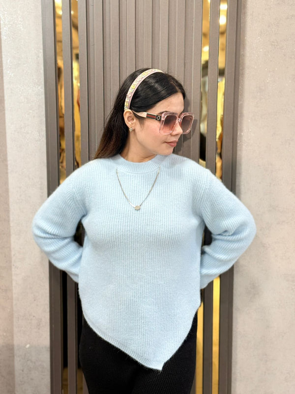 Sky Blue Soft Knit V Hem Sweater