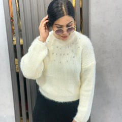 white Embellished Cozy Knit Sweater