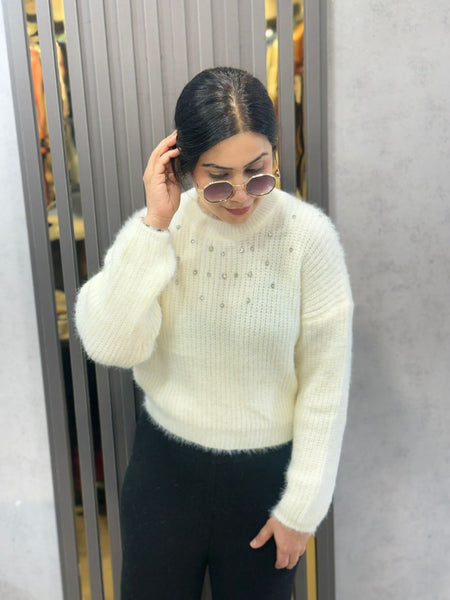 white Embellished Cozy Knit Sweater