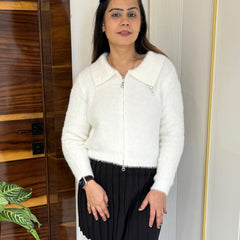 White Plush Fuzzy Knit Top with Zip Detail