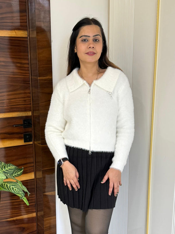 White Plush Fuzzy Knit Top with Zip Detail